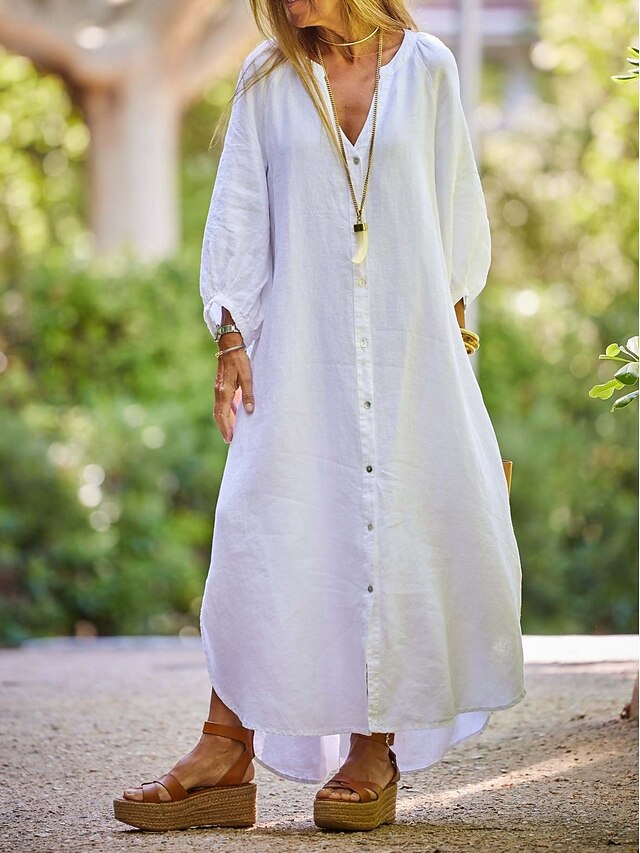 Women's Maxi Dress Faux Cotton Linen White Dress Casual