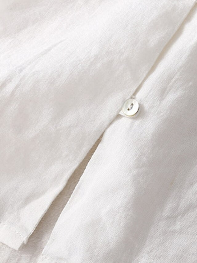 Women's Cotton Linen Blouse Embroidered Buttons Solid Color