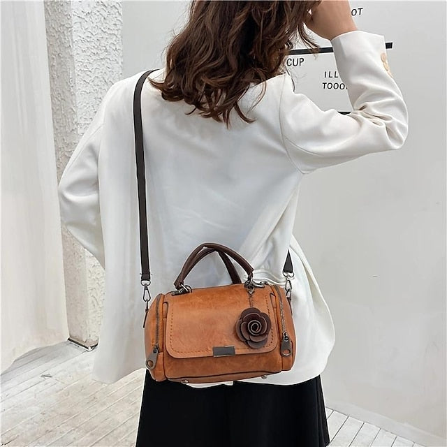 Vintage-Style Floral Handbag Women's Faux with Leather