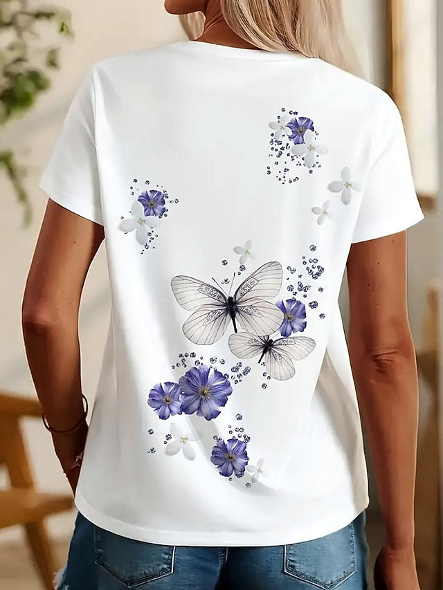 Women's T Shirt Print Floral Butterfly Stylish Casual Short