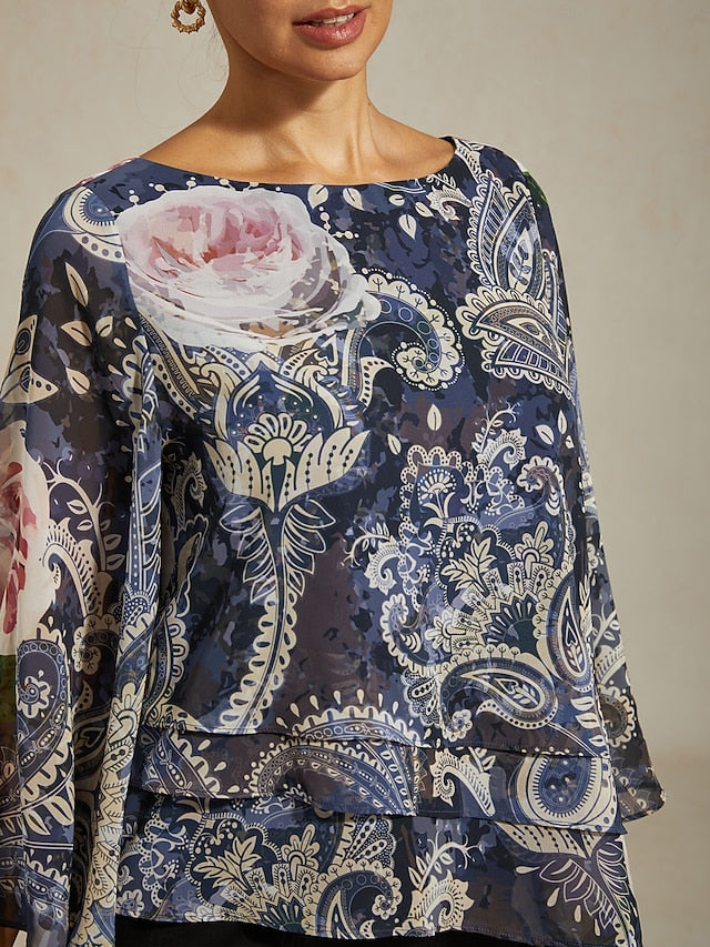 Women's Blouse Green Paisley Botanical Print Layered
