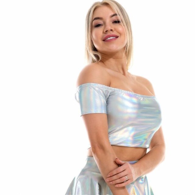 Metallic 1980s Shiny Latex Patent Crop Top PU Leather Off