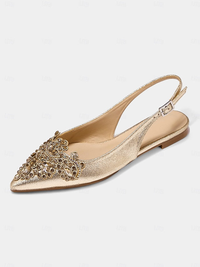 Gold Pointed Women's Flats Embellished Toe Slingback with