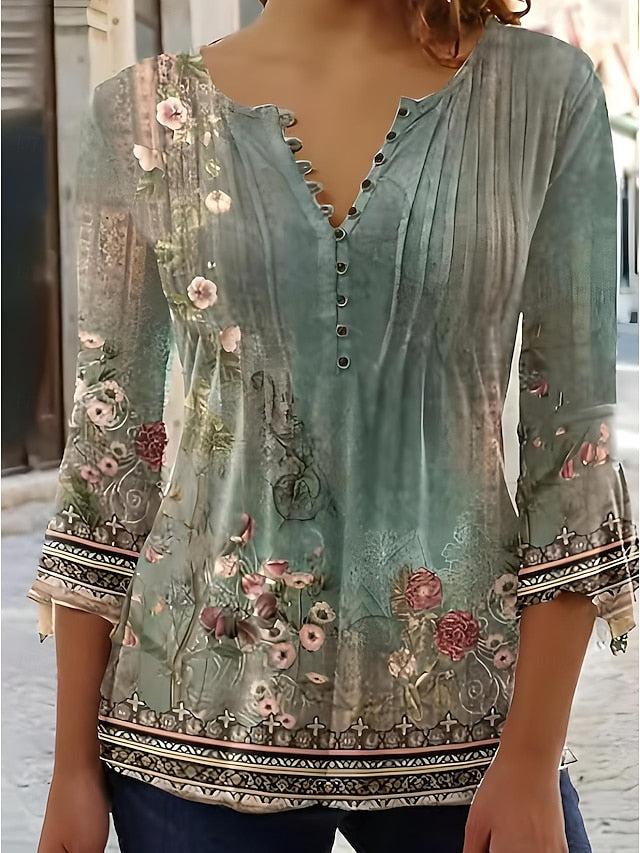 Women's T-Shirt  V Neck Ombre Floral Graphic Elegant 3/4