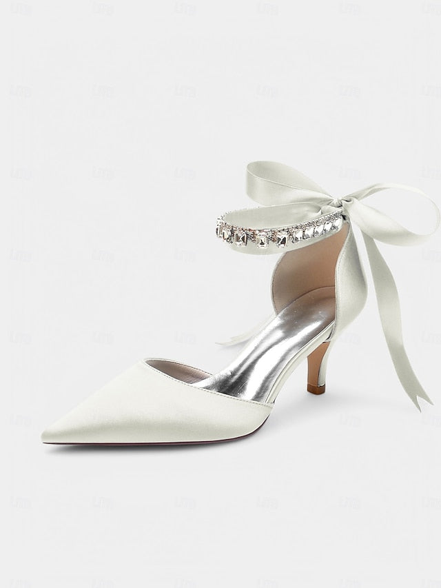 Heels Blue Ankle Strap Pointed-Kitten with and Rhinestone Satin
