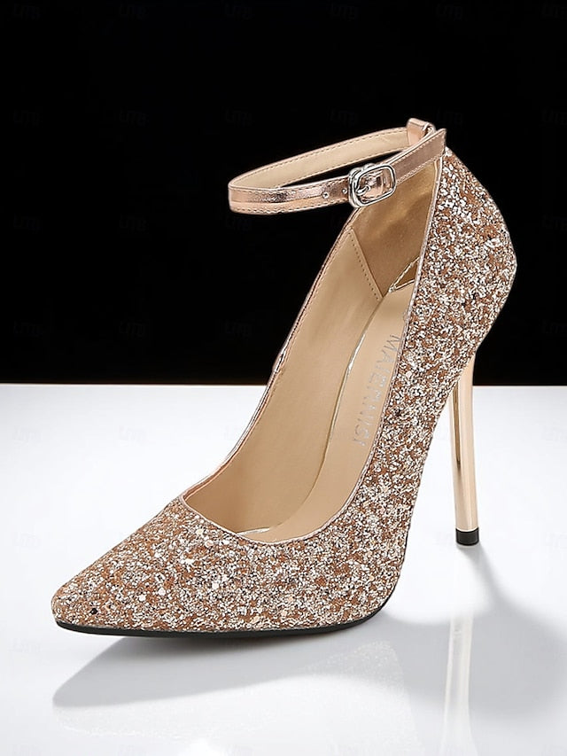 Toe – Glitter Pointed Heels Women's Sparkly Stiletto Gold