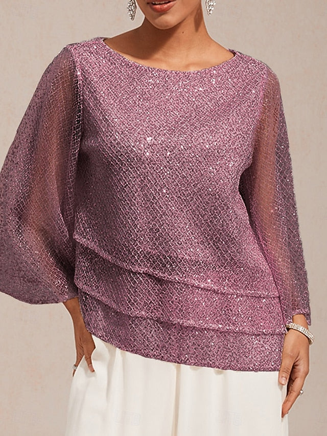 Women's Blouse Lace Tops Sequins Patchwork Illusion Solid