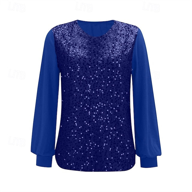 Women's T Shirt Tee Top Sequins Patchwork Solid Color