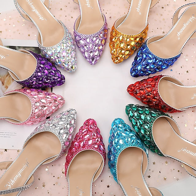 Women's Crystal Pointed-Toe Heels High Slingback Rhinestone