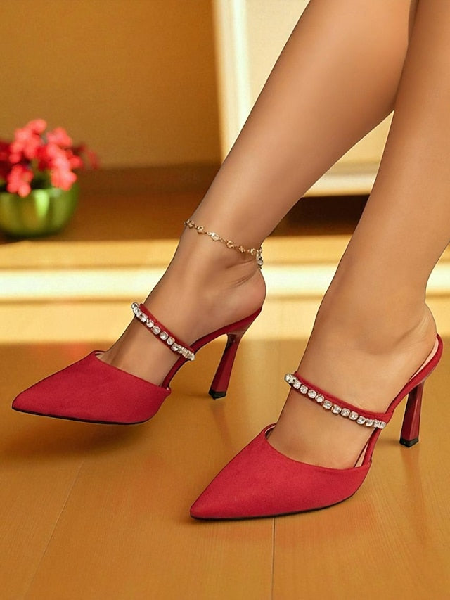 Strap Stiletto with Elegant Rhinestone Women's Heels - Red