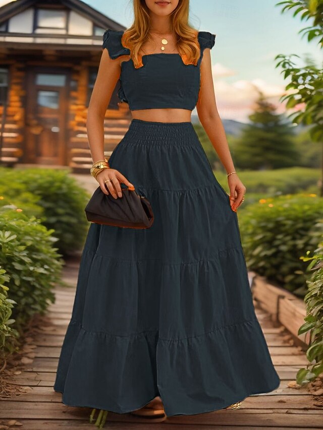 Women's Skirt Sets Sleeveless Square Neck Plain Ruched