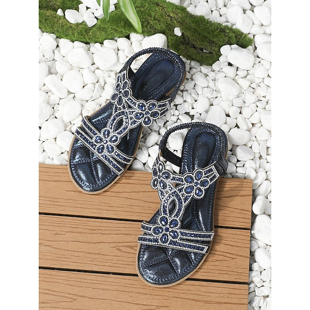 – T-Strap Women's Silver Boho Rhinestone Sandals Flat