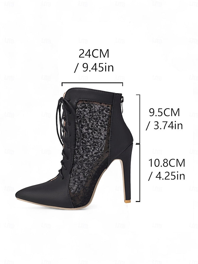 Heels Women's Stiletto Booties Mesh with White Lace Ankle