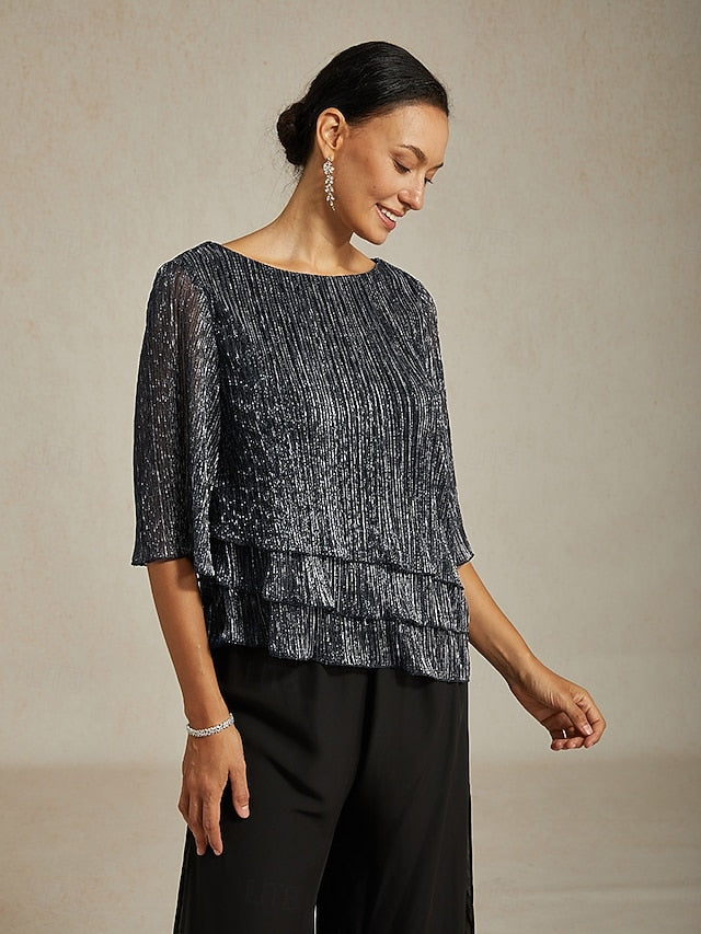 Women's Blouse Chiffon Tops Pleated Layered Metallic