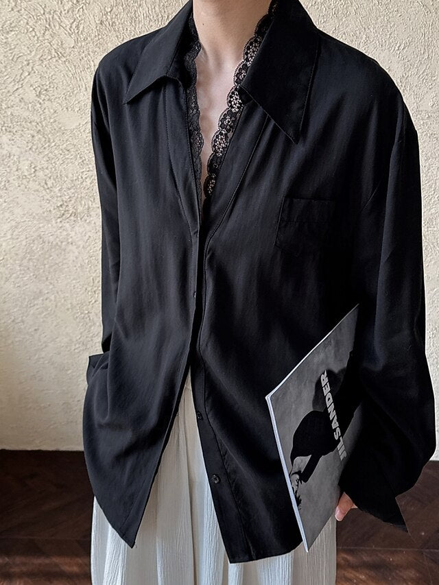 Women's Casual Shirt Button Up Shirt Blouse Lace Patchwork