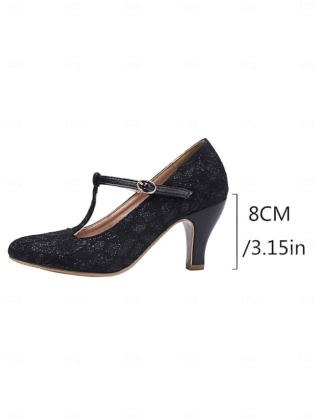 Ivory Heel Women's Mid Vintage Lace T-Strap Pumps-1920s