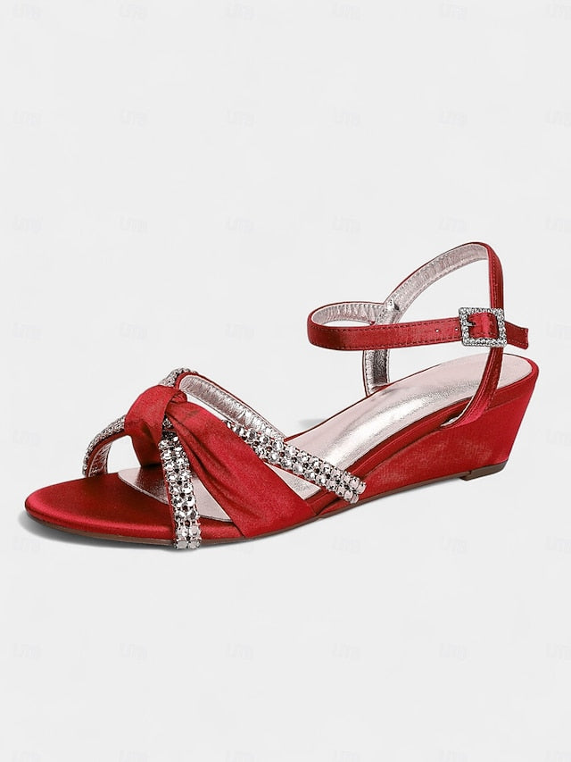 Satin Wedge Sandals Green Women's - Knot Rhinestone