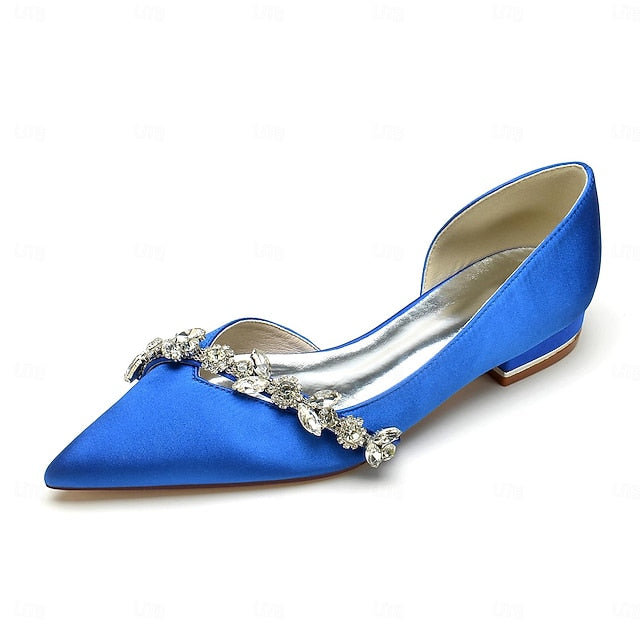 White Satin Flat Shoes Crystal Pointed Wedding with and Toe