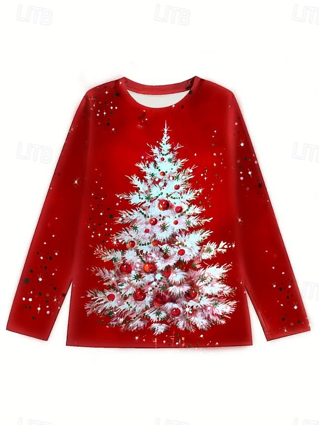 Christmas Women's T-Shirt Round Neck Red Festive Holiday