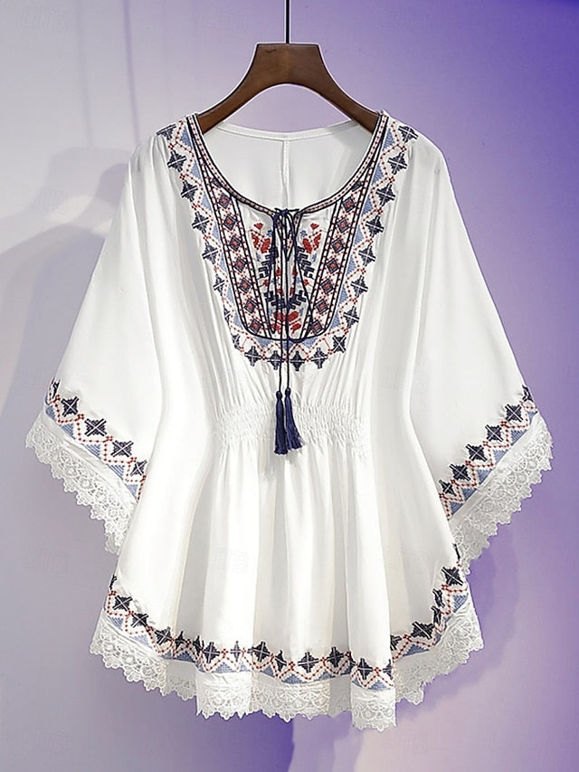 Women's Blouse Lace Embroidered Solid Color Bohemia