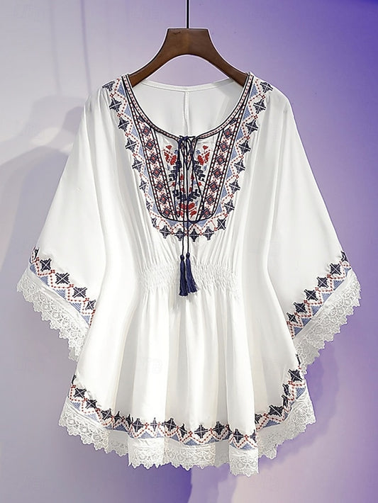 Women's Blouse Lace Embroidered Solid Color Bohemia