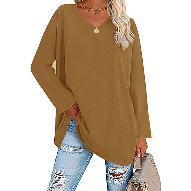 Women's T Shirt Plain Basic Long Sleeve V Neck Regular Tops