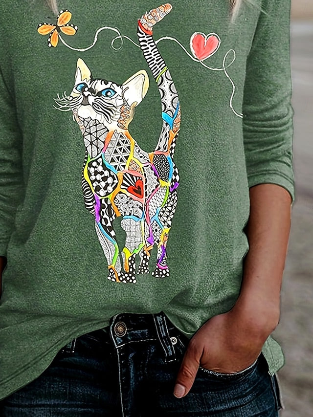 Women's T shirt Long Sleeve Floral Graphic Cat Vintage