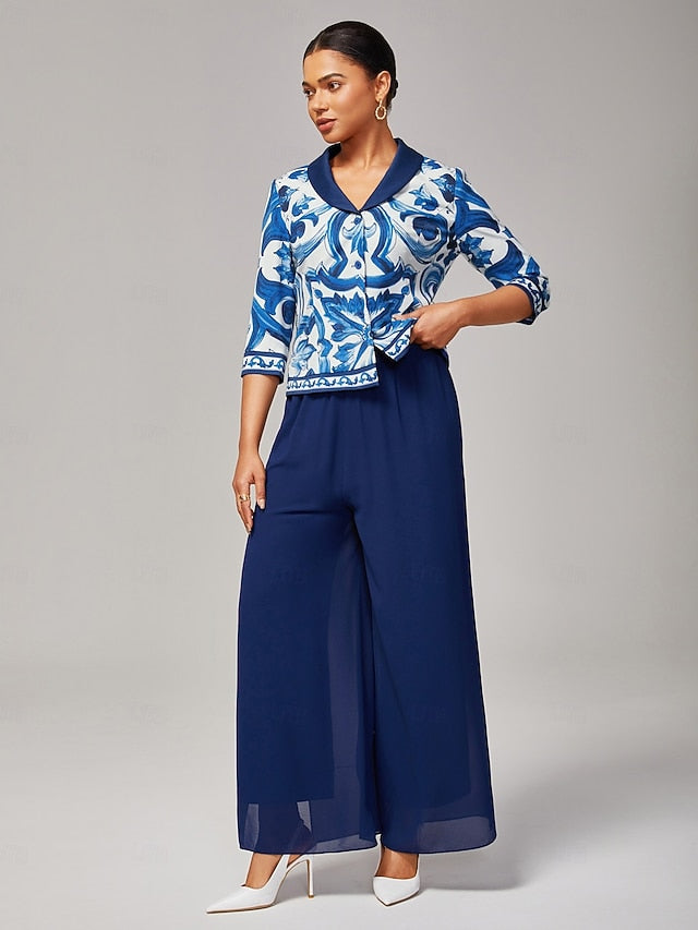 Women's Blue and White Porcelain Print Blazer Notched Lapel