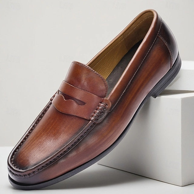 Brown Slip-On Shoes Leather Men's Loafers with Penny