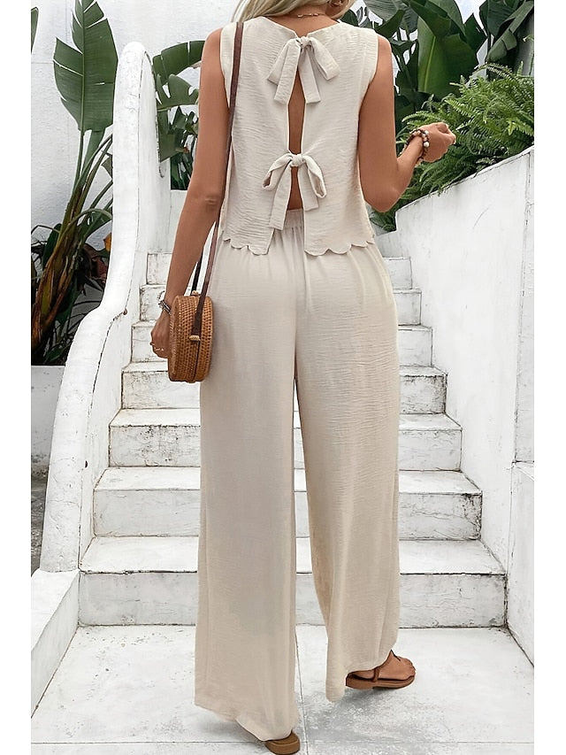 Women's Blouse Pants Sets Sleeveless Crew Neck Solid Color