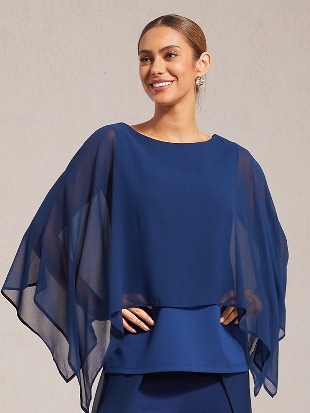 Women's Royal Blue Modal Chiffon Crewneck Sleeveless Cape