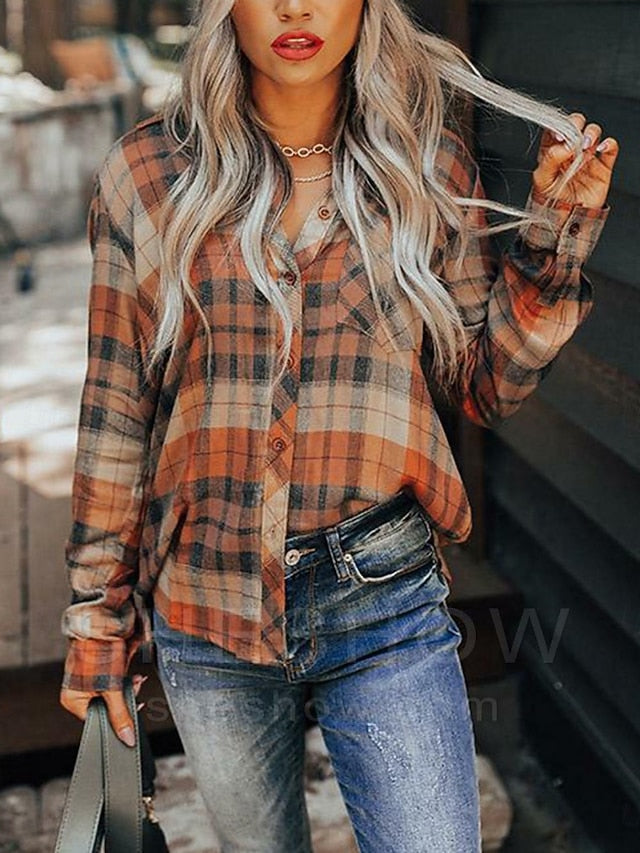 Women's Blouse Buttons Print Plaid Vintage Casual Long