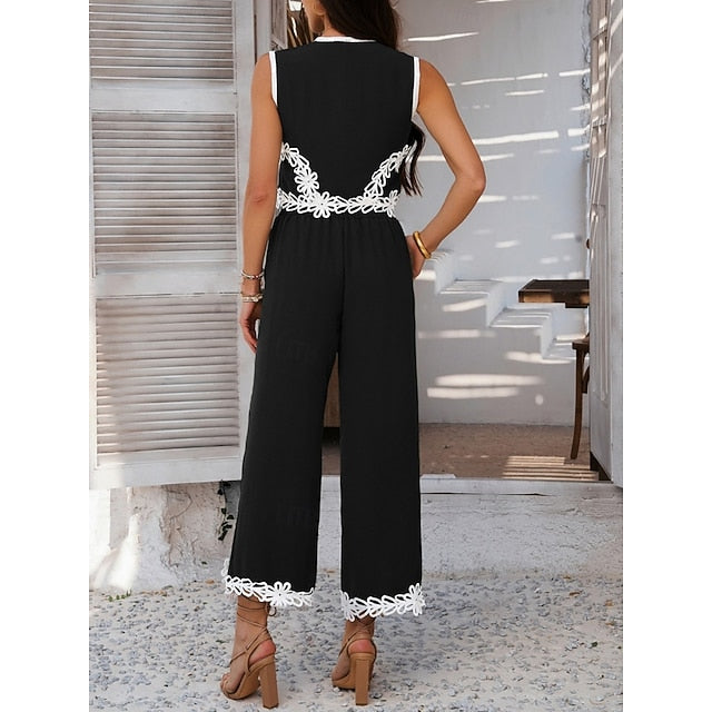Women's Shirt Pants Sets Sleeveless V Neck Solid Color Lace