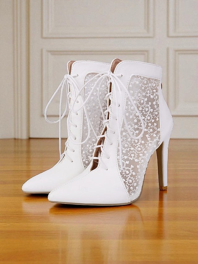 Heels Women's Stiletto Booties Mesh with White Lace Ankle