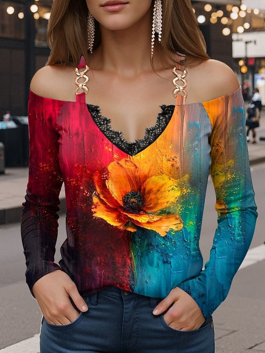 Women's T Shirt Patchwork Print Floral Vintage Casual Long