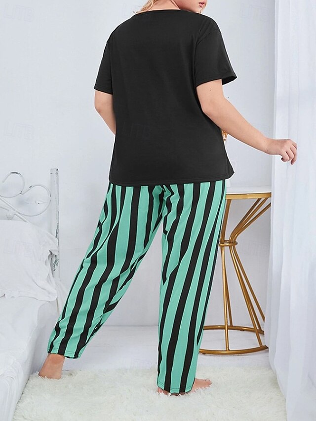Women's Blouse Pants Sets Short Sleeve Crew Neck Cat