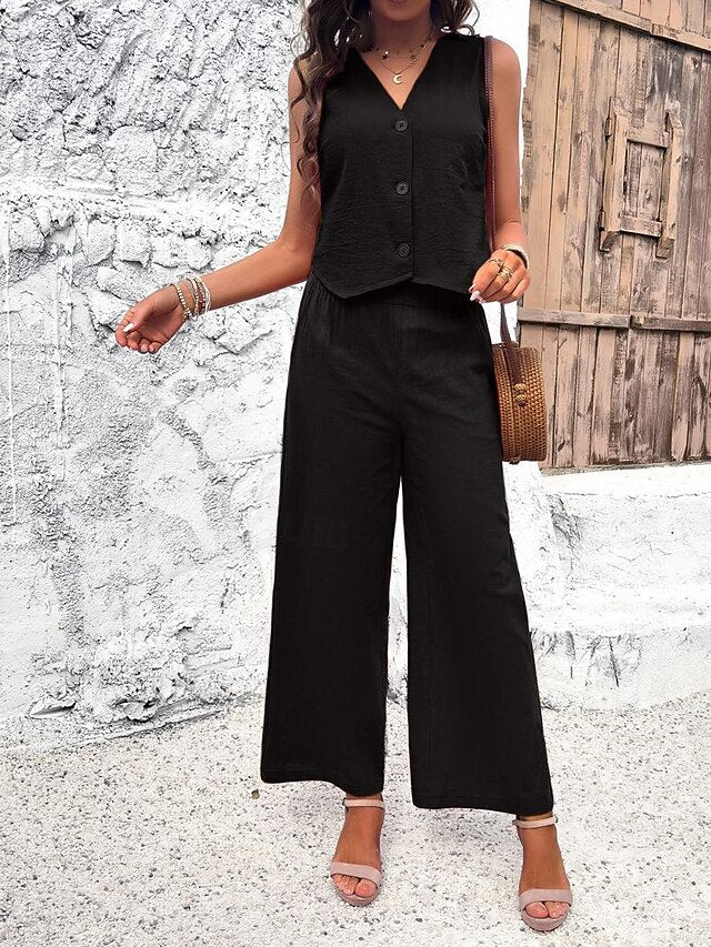 Women's Cotton Blend Vest Layered V-Neck Top Buttoned Crop