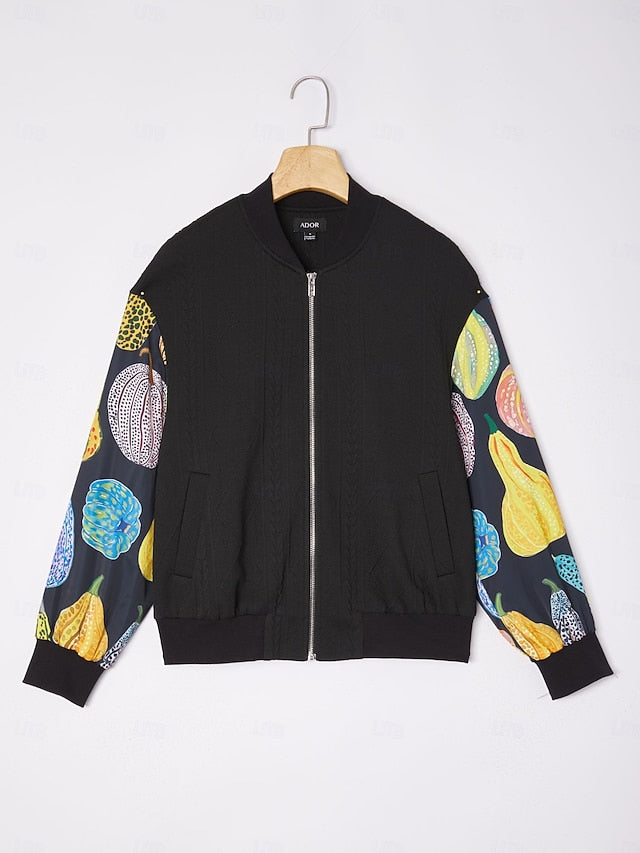Women's Bomber Jacket Casual Street Patchwork Pumpkin Print