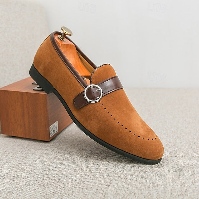 Loafers Faux Men's Brown Slip-On Suede Buckle Strap with