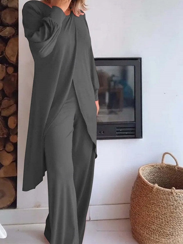 Women's Pants Sets Long Sleeve Crew Neck Solid Color Ruched