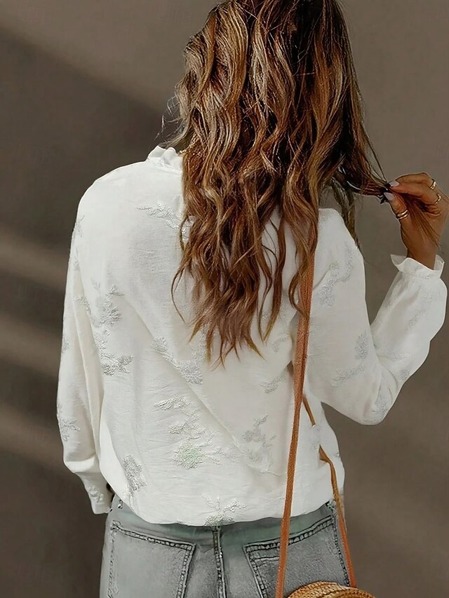 Women's Blouse Embroidered Buttons Floral Stylish Casual
