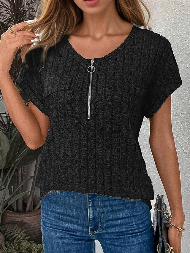 Women's Texture Sweatshirt T Shirt Tee Top Quarter Zip