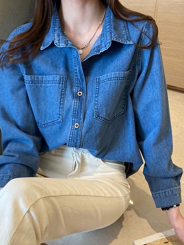Women's Shirt Blouse Pocket Buttons Plain Casual Long