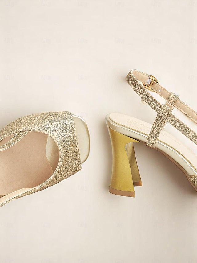 Sparkly Women's - Slingback Gold Glitter Heels Open-Toe