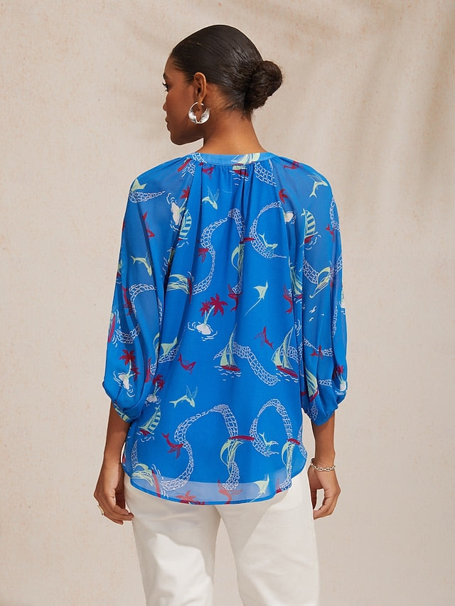 Vacation Ocean Elements Print Loose Chiffon Short Top