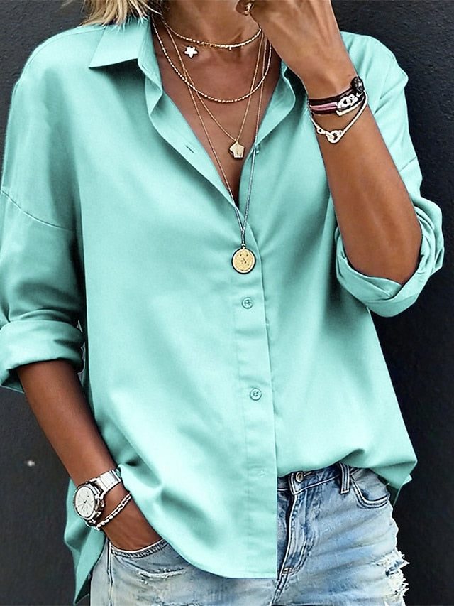 Women's Blouse Dressy Tops Ruched Patchwork Buttons Solid