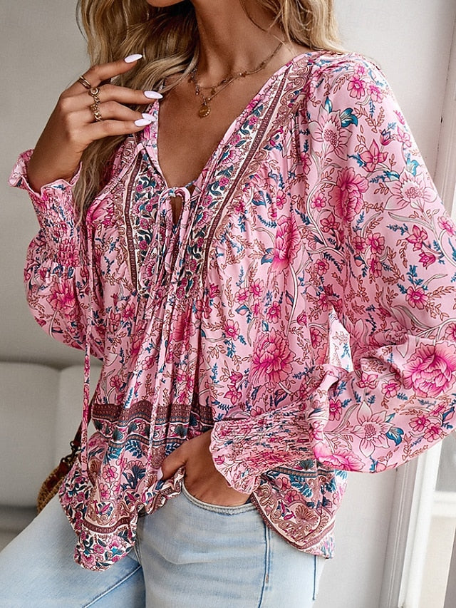 Women's Boho Shirt Blouse Print Flower Modern Boho Long