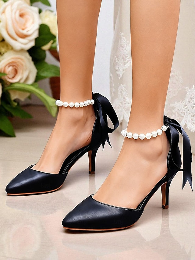 Kitten Pumps with Strap Women's - Pearl Ankle Bow Heel Blue