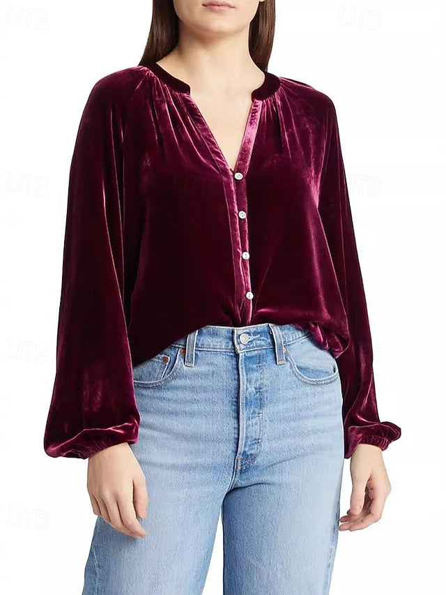 Women's Shirt Velvet Elegant Dressy Ruched Buttons Solid