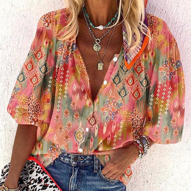 Women's Shirt Basic Buttons Print Long Sleeve Regular Tops